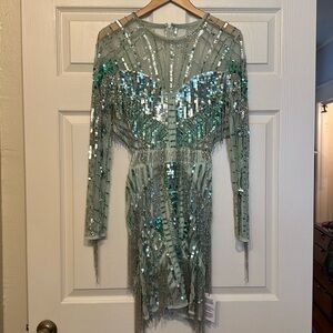 ASOS EDITION - sequin and fringe artwork long sleeve body con mini dress